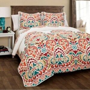 Lush Rustic Farmhouse Boho Colorful Pattern Reversible Quilt Set King